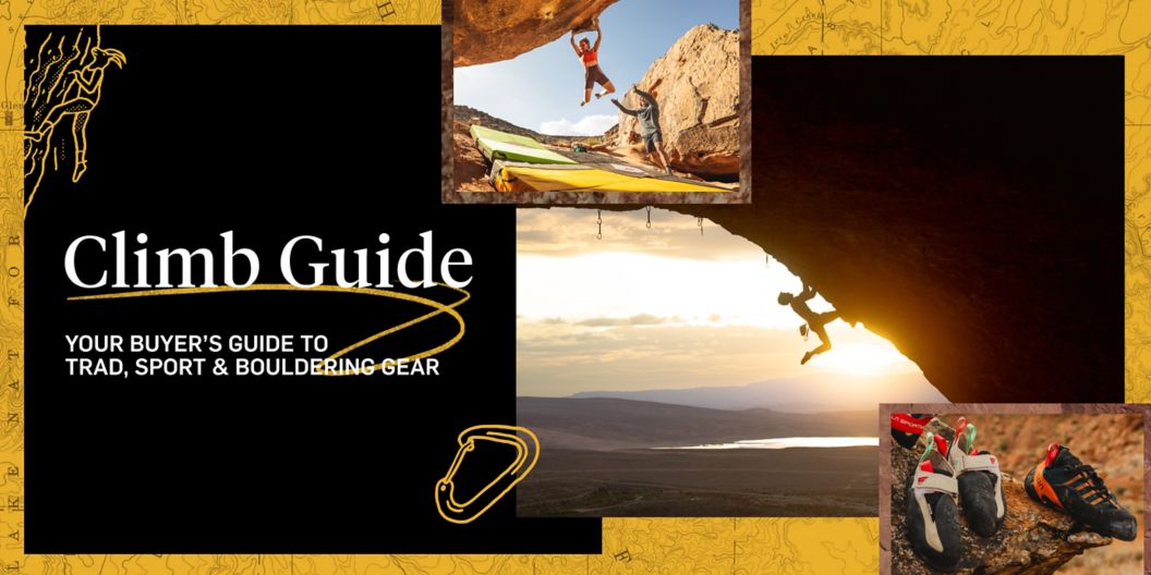 A collage of climbing photos: a boulderer cuts feet, a sport climber at sunset, and climbing shoes on a rock. The text overlay reads: Climb Guide, you buyer’s guide to trad, sport & bouldering gear.